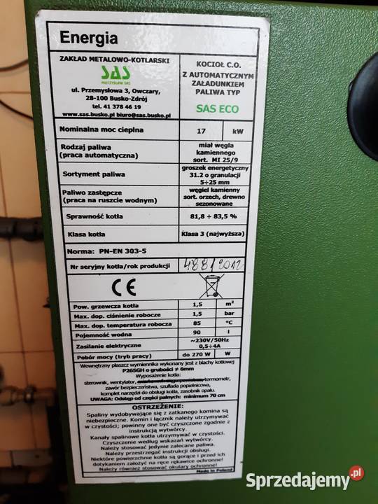 Kocioł co ECO SAS 17 kW z podajnikiem węgiel świętokrzyskie Kielce