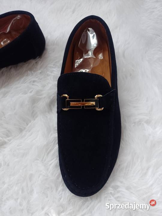 4243 Granatowe mokasyny męskie loafersy z Moda i Styl
