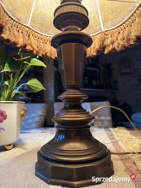 przepiękna mosiężna lampa lampka skórzany abażur Lampy stołowe i nocne Bystrzyca Kłodzka sprzedam