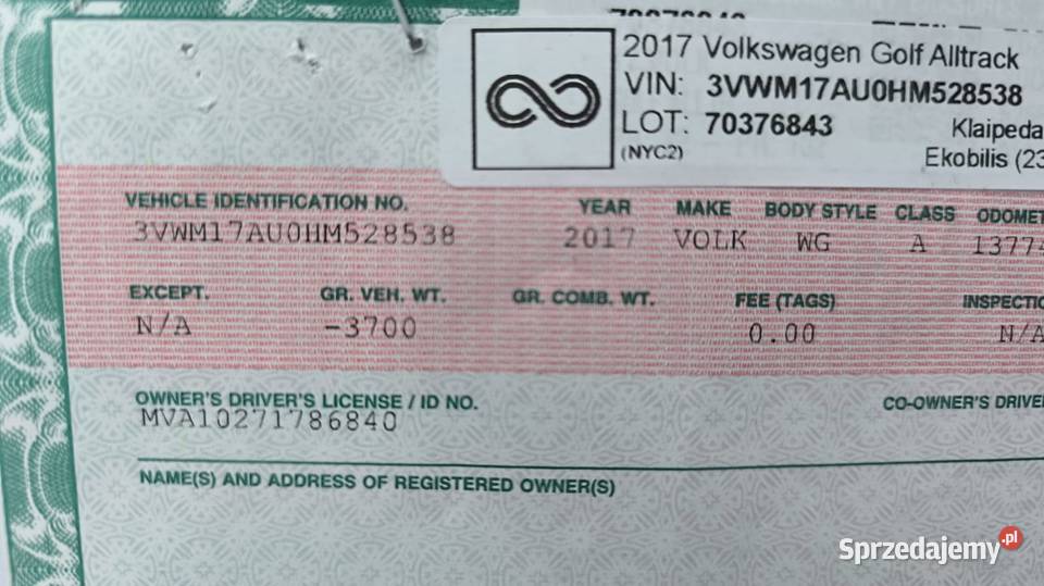 WV GOLF ALLTRACK 2017 mazowieckie