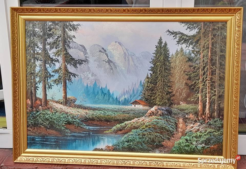 Alpejski pejzaż obraz olejny złota ornamentowa Iłża