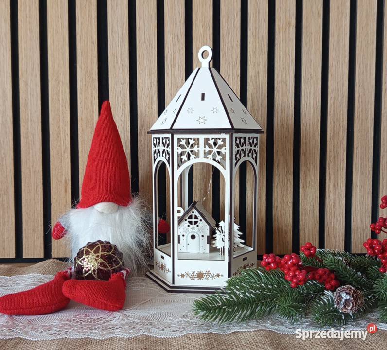 Drewniany lampion LED z domkiem i reniferem Bełchatów sprzedam