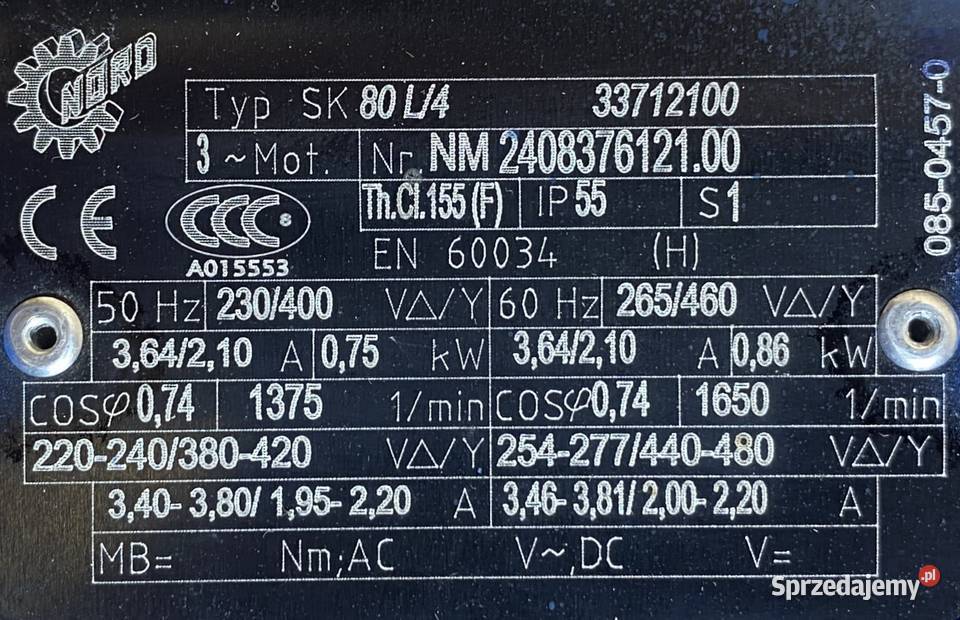 motoreduktor przekładnia 075kW 67obr 3fazowy Pigża