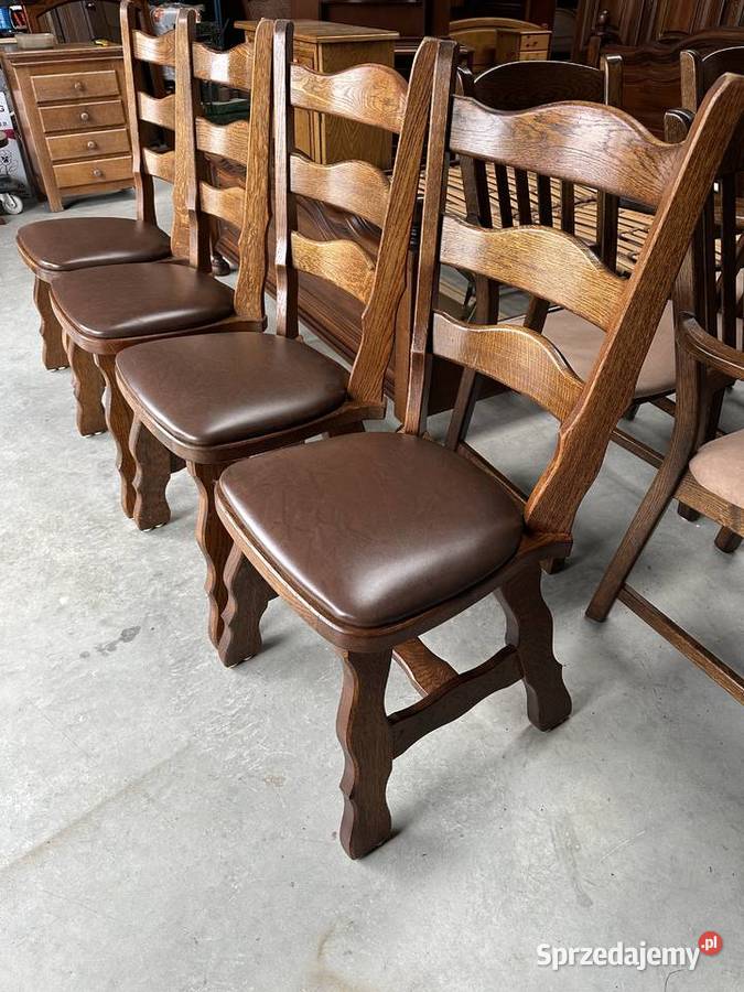 Masywne dębowe krzesła siedziska skóra- meble holenderskie