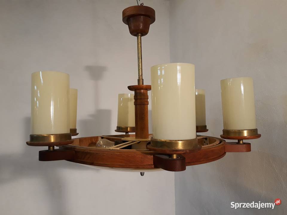 Żyrandol lampa drewniana mosiężna 6 szklanych Olkusz