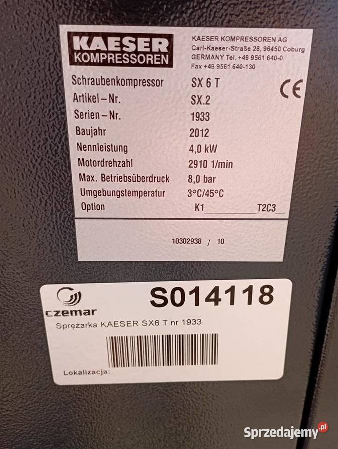 Sprężarka śrubowa kompresor KAESER SX6 T 4kW Wilków sprzedam