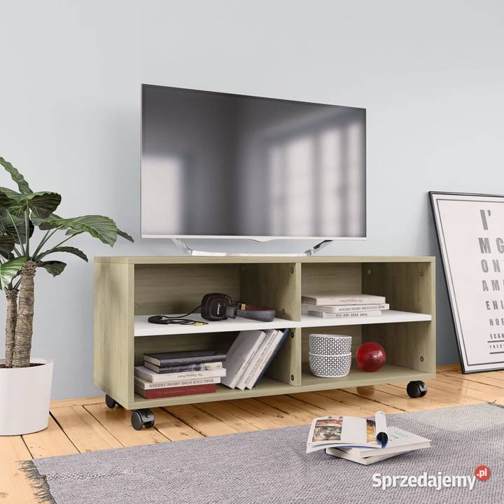 vidaXL Szafka pod TV z kółkami, biel i dąb 800185