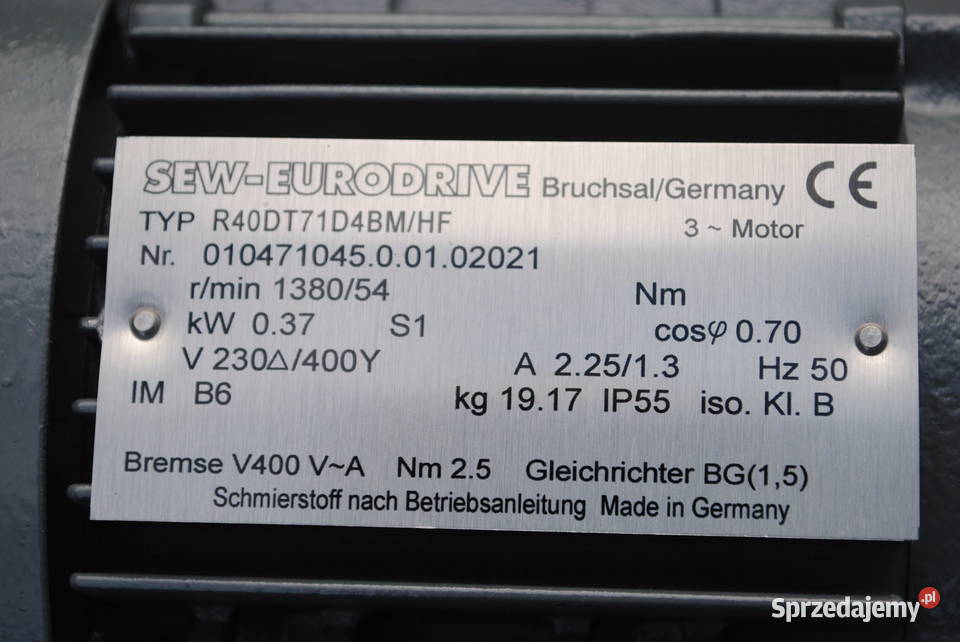 Motoreduktor 037kw 54obr z hamulcem Firmy SEW lubuskie Kargowa