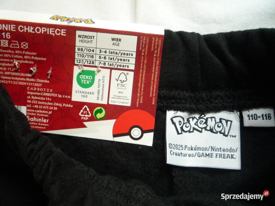 Nowe 110116 Czarne Spodnie dresowe Pokemon chłopiec