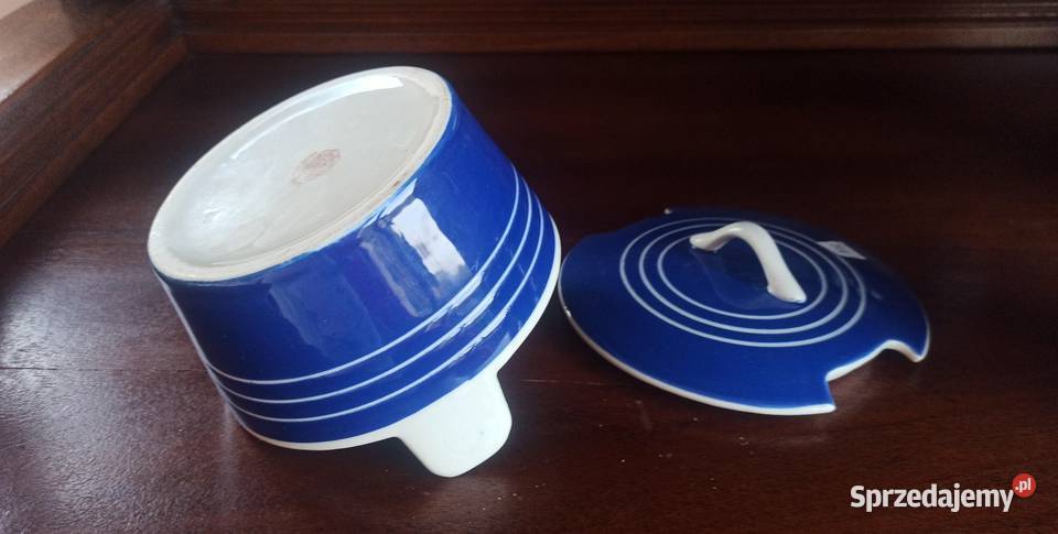 Puzderko pojemnik sygnowany Z pokrywką kobaltowy Porcelana i szkło Gdańsk