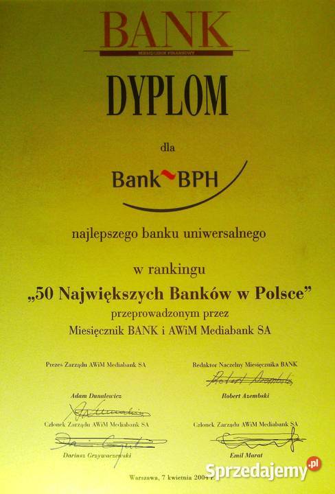 Dyplom Banku BPH najlepszego banku 2004 Antykwariat Kraków
