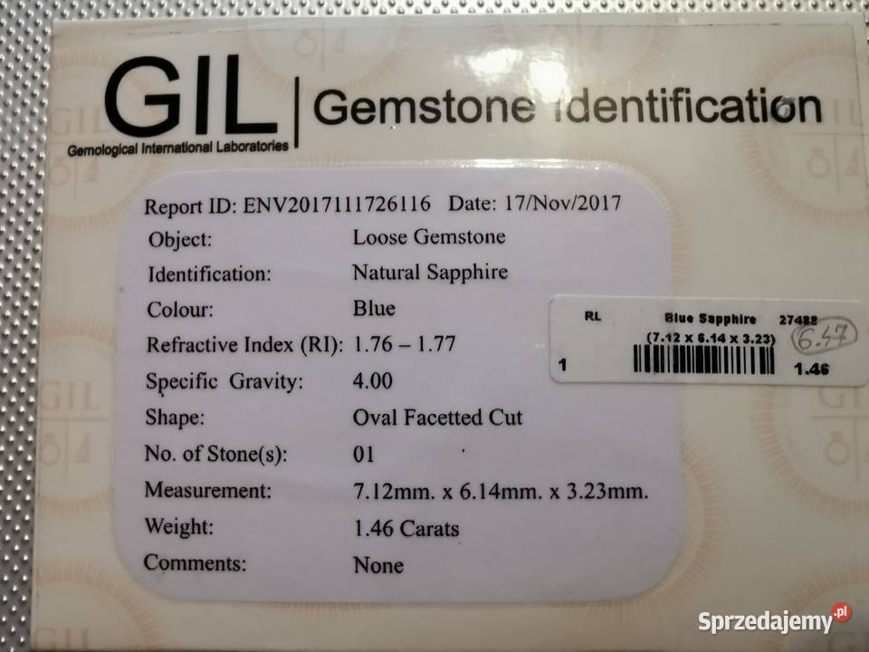 Szafir Naturalny Niebieski 146 ct Certyfikat GIL Opatów