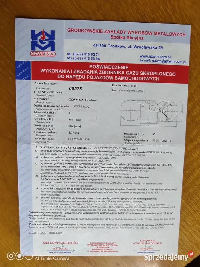 Butla LPG 33l Ważna 31012033 Walentynów sprzedam