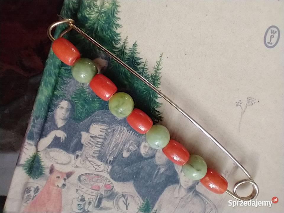 Długa spinka broszka mosiądz złota naturalne Łódź