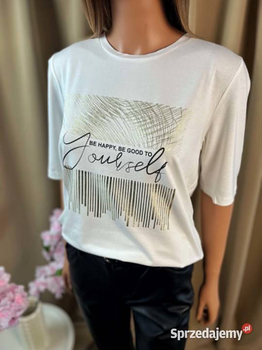 Bonprix biała bluzka wiskoza złoty print casual Augustówka
