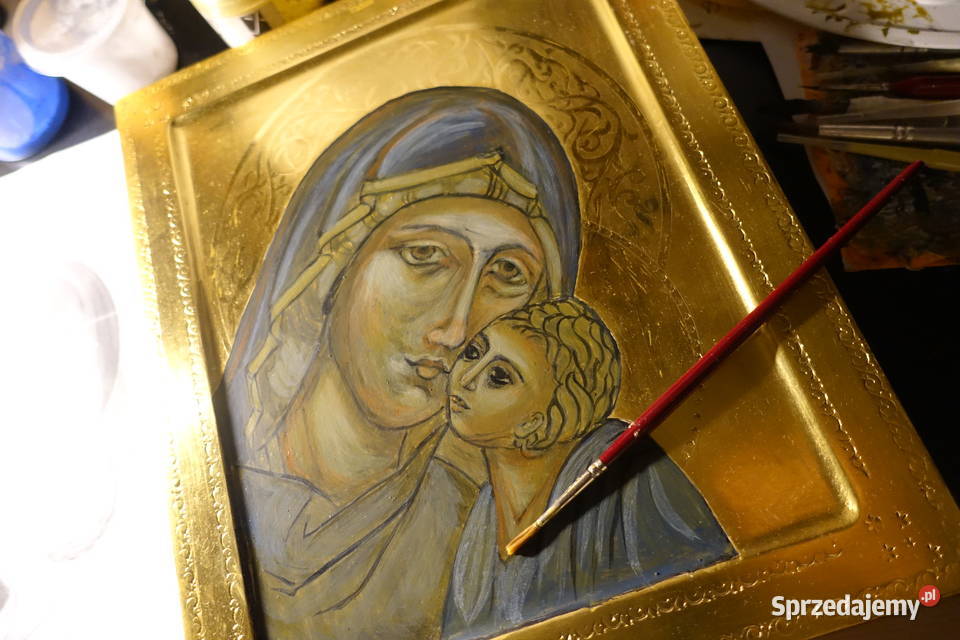 Madonna Słodkiego Pocałunku Ikona Pisana złoto Szczecin