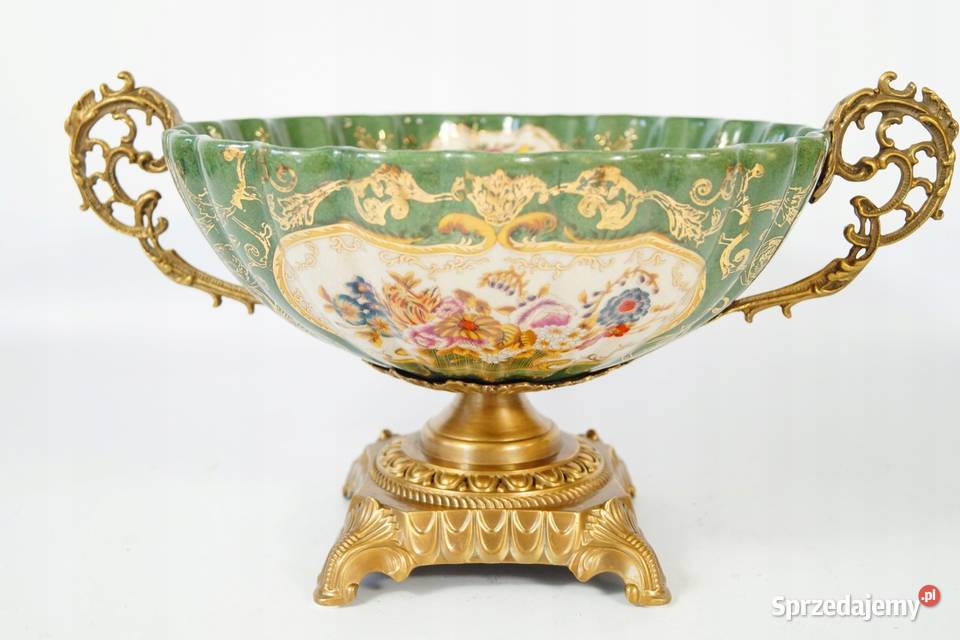 Porcelanowa patera misa okuta brązem zielona Antyki wielkopolskie Gizałki