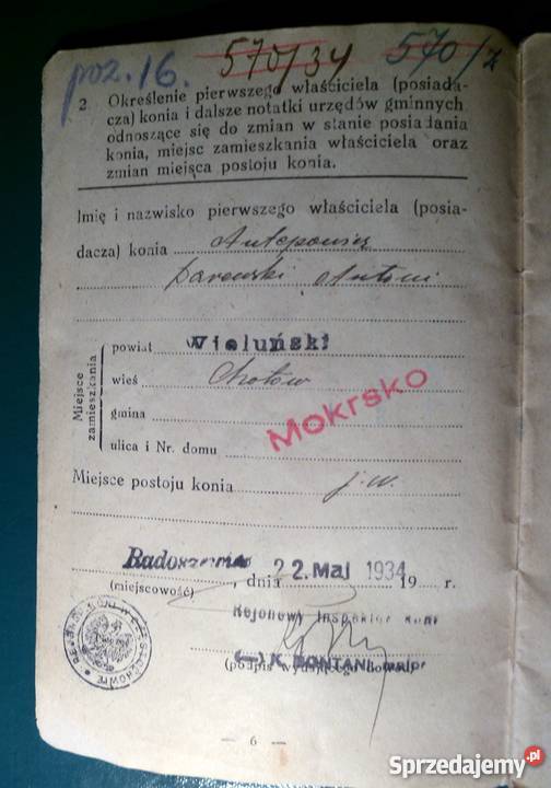ANTYK 1934 Dowód tożsamości KONIA Kraków sprzedam