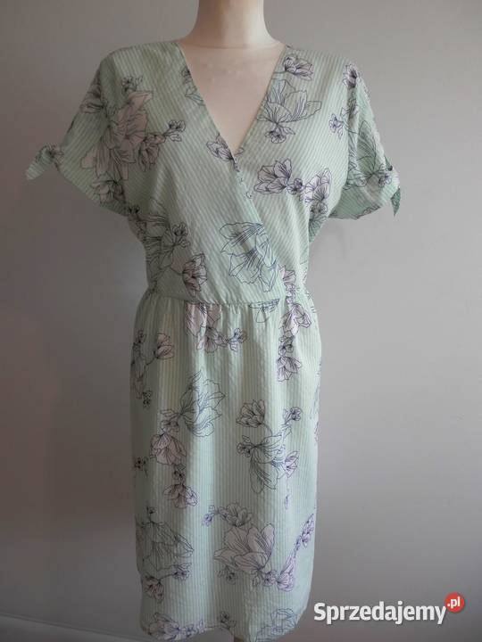 Sukienka Bawełniana Kwiaty Kopertowy Dekolt Rozmiar 42(XL) Łomża