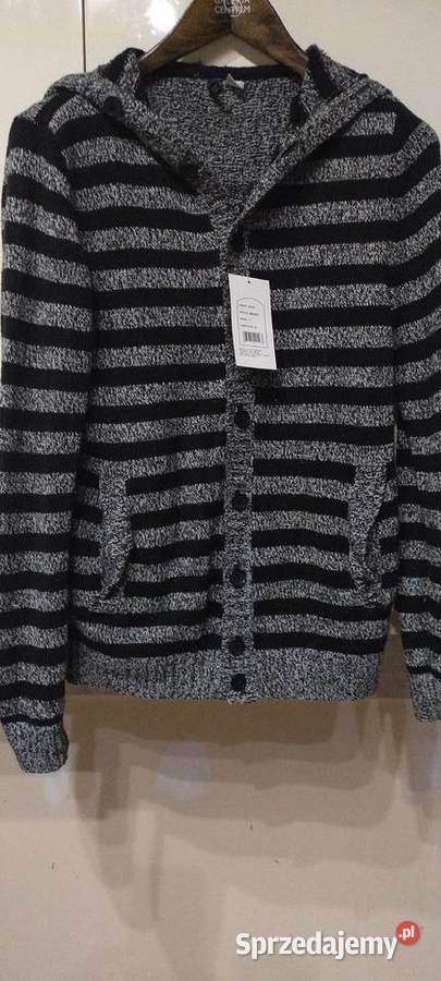 Sweter męski z kapturem w paski szaro czarne H M Lublin