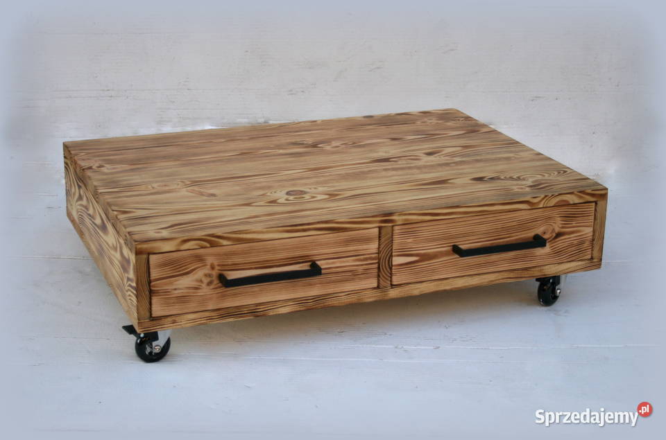 Stolik kawowy ława LOFT z szufladami na kółkach| lite drewno