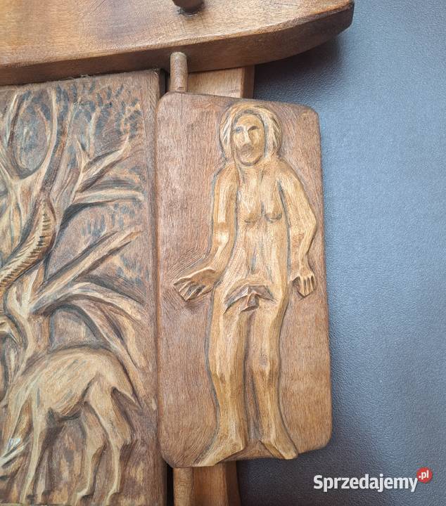 drewniany tryptyk vintage przedstawiający Adama Figurki i rzeźby mazowieckie Warszawa
