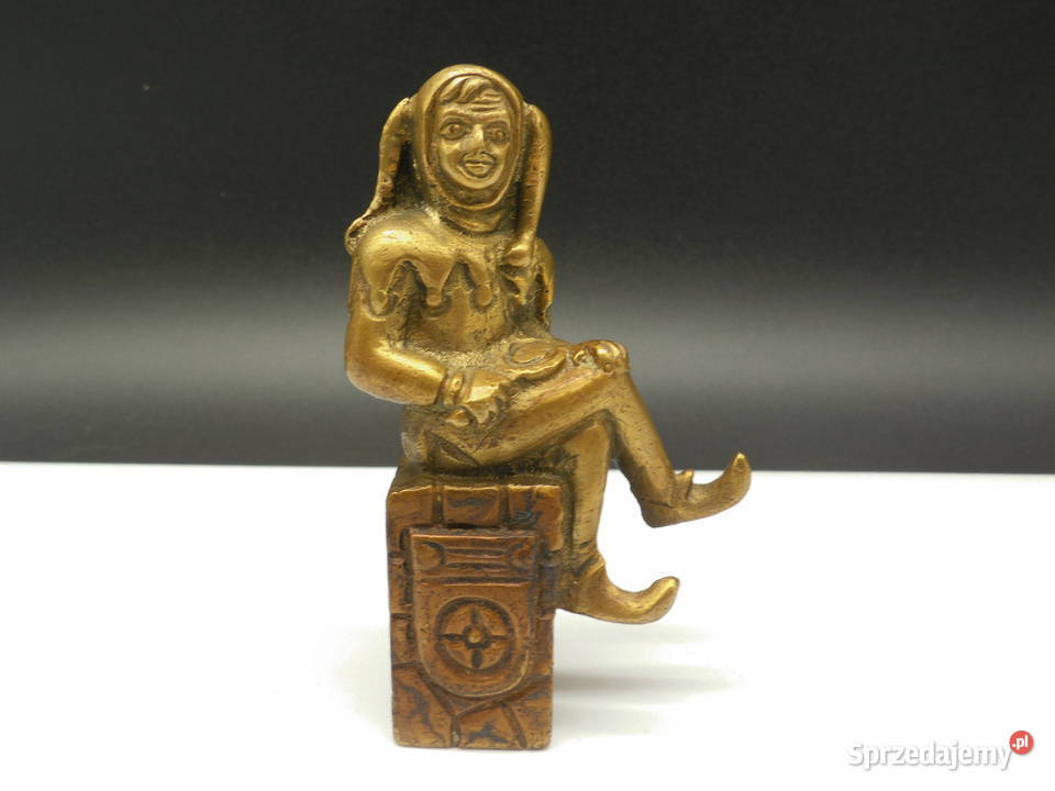 Stara Mosiężna Figurka Błazen Trefniś na Cokole Raszków