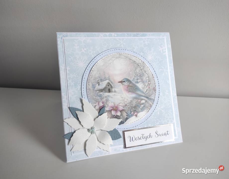 Kartka ręcznie robiona Boże Narodzenie ptaszek Łódź
