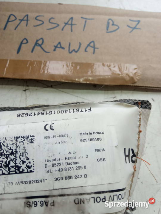 VW PASSAT B7 PODUSZKA FOTELA PASAŻERA Kobylnica