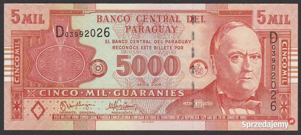 Paragwaj 5000 guaranies 2005 stan bankowy UNC Numizmatyka Łódź sprzedam