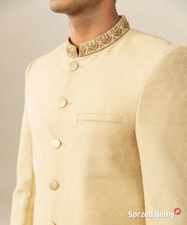 Elegancki indyjski sherwani achkan kremowy haft Szczecin
