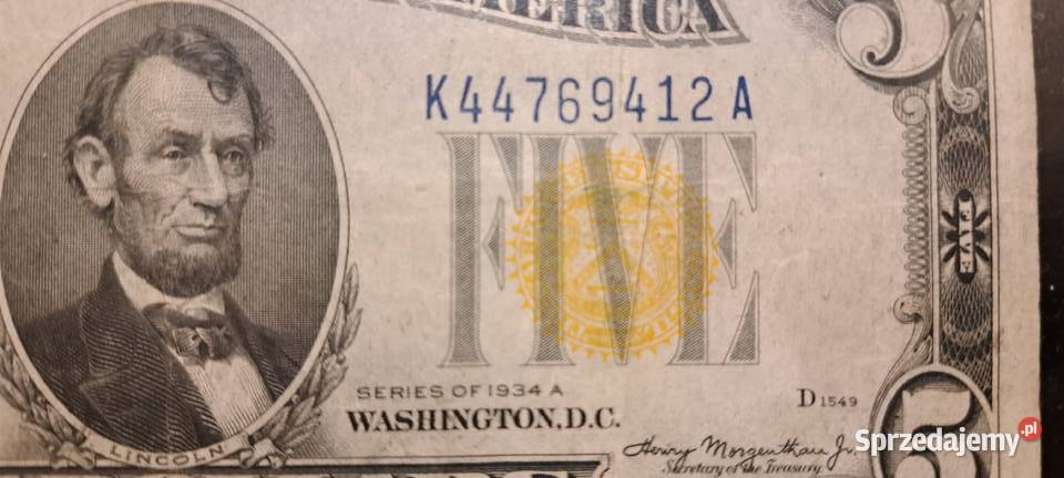 banknot pięć dolarów 1934 roku żółta pieczątka Warszawa sprzedam