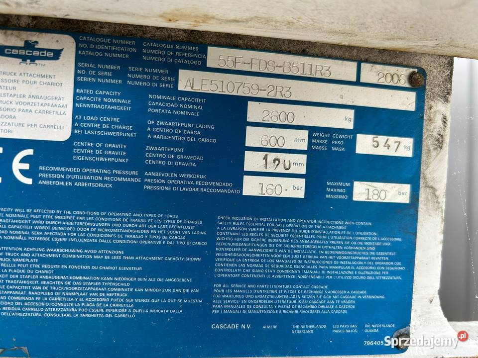 Paletyzer Cascade udźwig 2600 x 600 mm widły Ostrów Wielkopolski