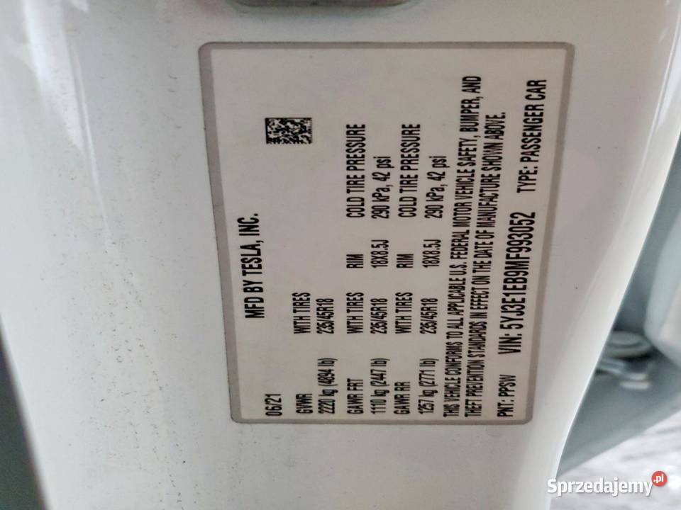 2021 TESLA MODEL 3 Częstochowa