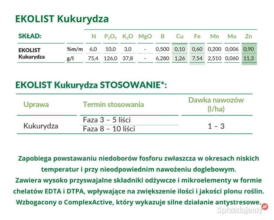 Ekolist kukurydza 20l nawóz zapobiega niedoborom Nawozy i ŚOR Zaborowo