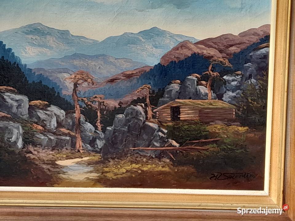 Pejzaż z widokiem na góry piękny obraz olejny Iłża