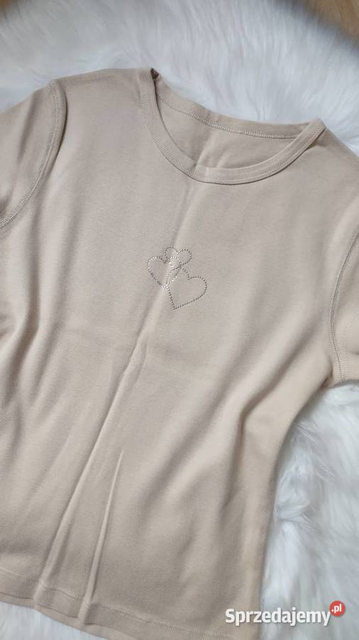 Beżowa koszulka tshirt z ozdobną aplikacją Bez wzoru Olkusz
