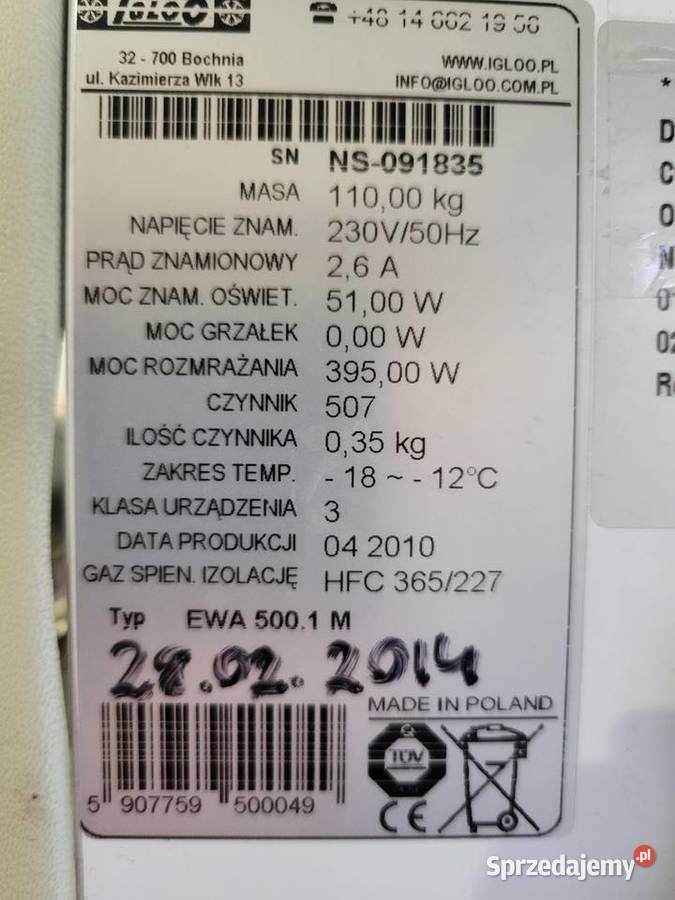 Zamrażarka witrynowa IGLOO EWA 500 sklepowa 18C Katowice sprzedam