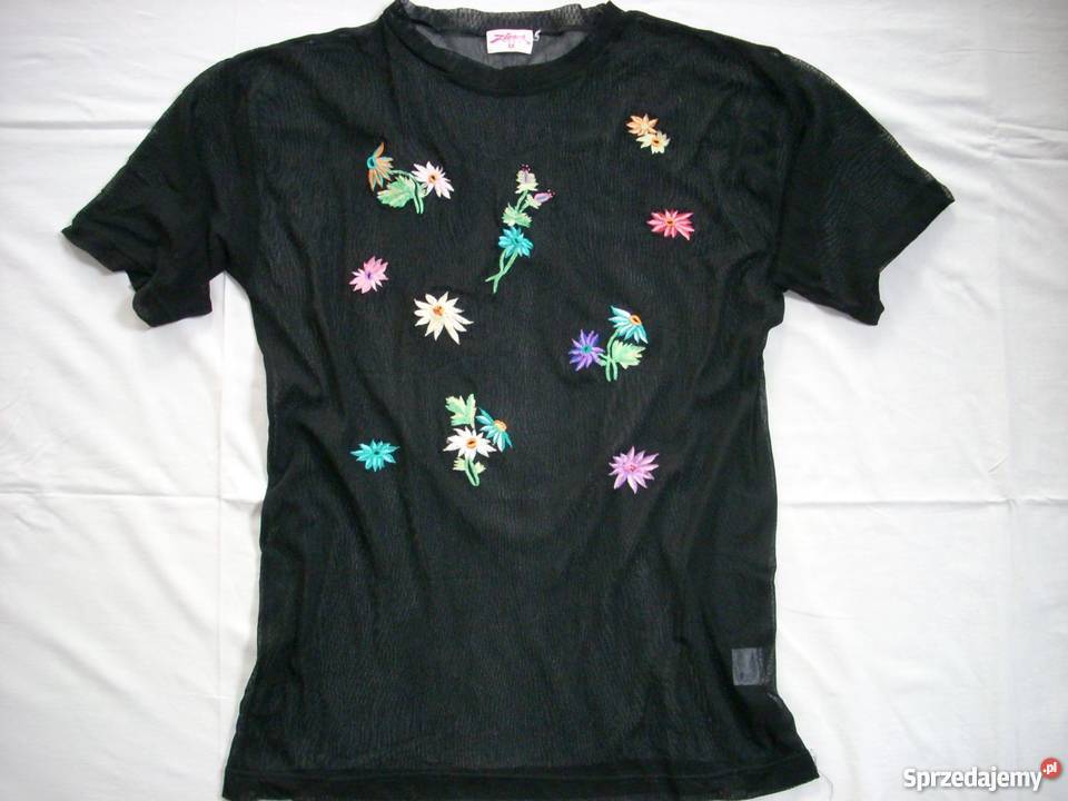 Czarna Siateczkowa Bluzka Hafty 40 42 czarny