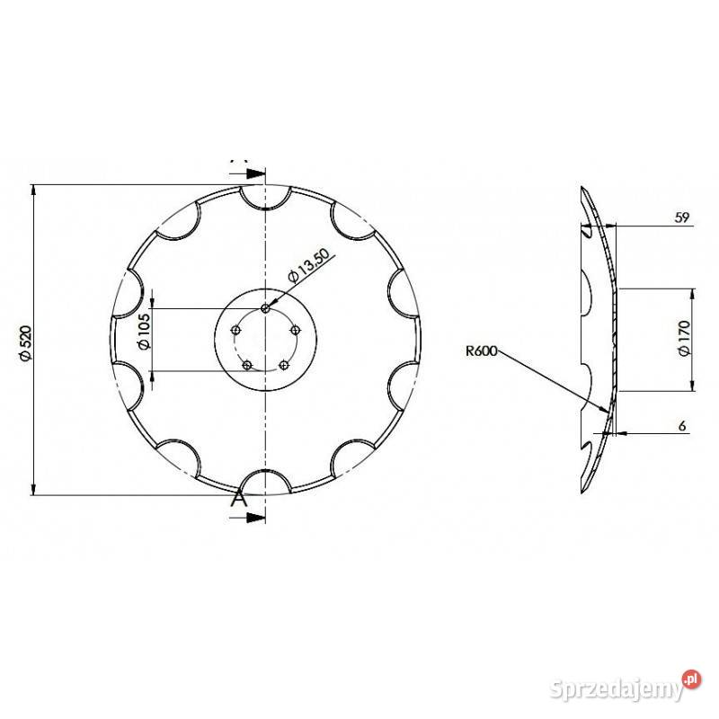 Talerz 520 pod piastę 5otworową grubość 6 mm Kamionna