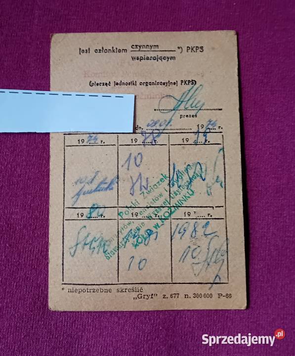 Legitymacja członkowska PKPS wystawiona w 1974 r