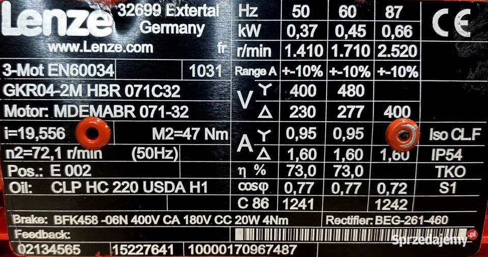 motoreduktor przekładnia 037kW 721obr 3f HAMULEC Pigża