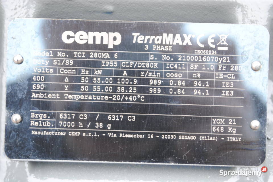 Silnik elektryczny 55kw 990obrmin CEMP lubuskie Kargowa