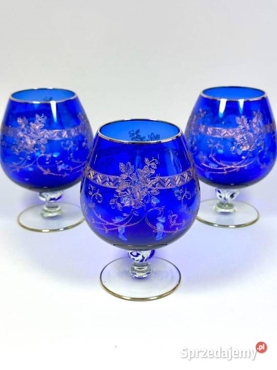 Przepiękne kobaltowe kieliszki Bohemia 1940 r Antyki, Sztuka, Kolekcje