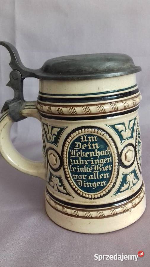 Stary kufel ceramiczny sygnowany z cynowa