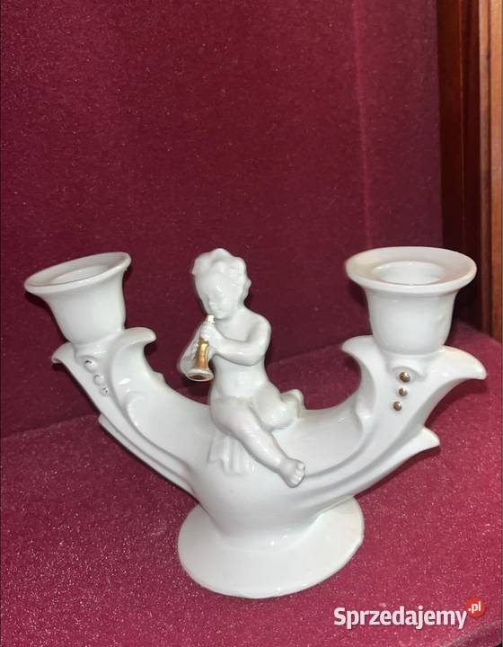 Świecznik z Putto grający na złotym flecie Syg Porcelana i szkło Gdańsk