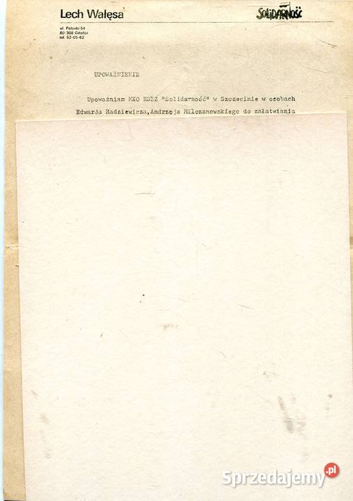 Upoważnienie MKO NSZZ Solidarność w Szczecinie Pozostałe Szczecin sprzedam