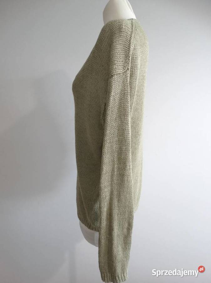 Sweter Lniany 100 Len Oliwkowy Bluzka Dzianinowa Łomża