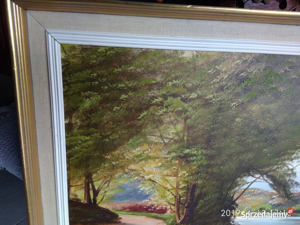 PARK Z JEZIOREM PEJZAŻ OLEJ NA PŁÓTNIE SYGNOWANY Warszawa sprzedam