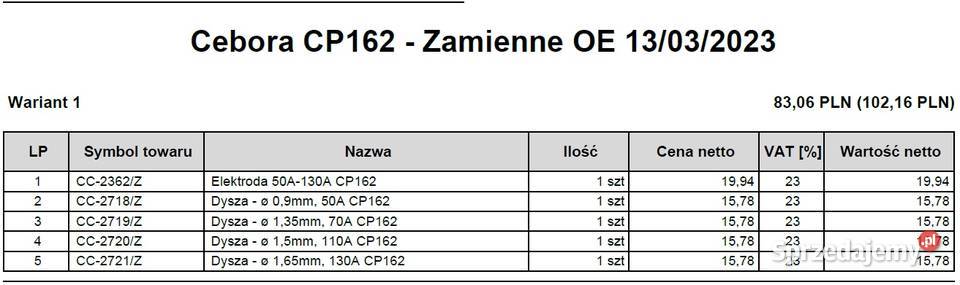 Cebora CP162 części zamienne 2362 2719 2720 2721 Lublin